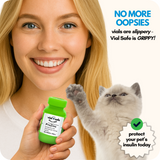 Woman holding a green Vial Safe for Pets Insulin Vial protector with a cat looking up, promoting Vial Safe.