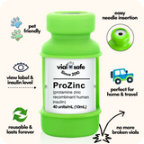 Light green color Vial Safe for Pets insulin vial protector with 'vial safe' label and Vial Safe selling features on white background.