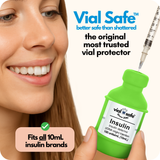 Light Green color Vial Safe insulin vial protector with a woman holding it, labeled 'better safe than shattered'.  The original most trusted vial protector.