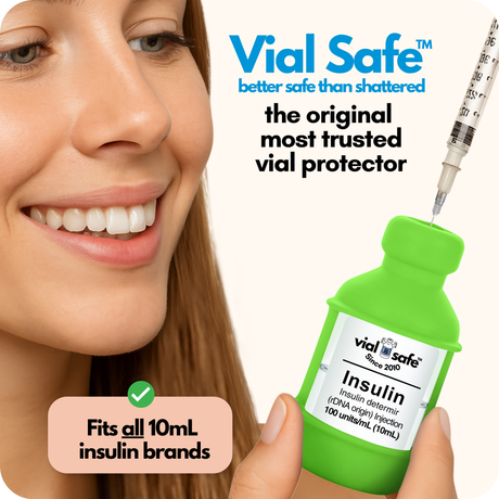 Light Green color Vial Safe insulin vial protector with a woman holding it, labeled 'better safe than shattered'.  The original most trusted vial protector.