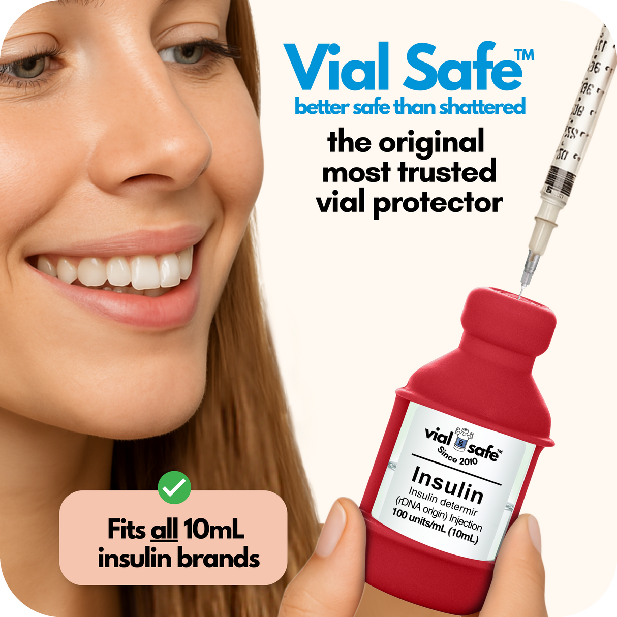 Red color style Vial Safe insulin vial protector with a woman holding it, labeled 'better safe than shattered'.  The original most trusted vial protector.