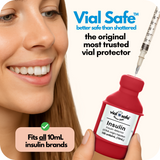 Red color style Vial Safe insulin vial protector with a woman holding it, labeled 'better safe than shattered'.  The original most trusted vial protector.