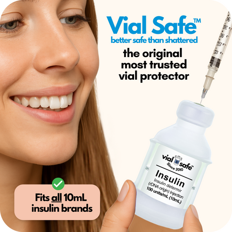 Original clear color Vial Safe insulin vial protector with a woman holding it, labeled 'better safe than shattered'.  The original most trusted vial protector.