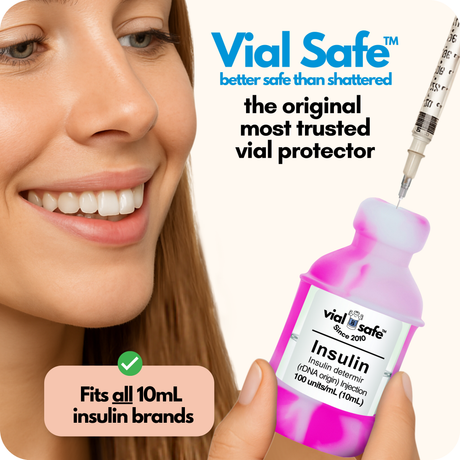 Tie Dye pink color Vial Safe insulin vial protector with a woman holding it, labeled 'better safe than shattered'.  The original most trusted vial protector.
