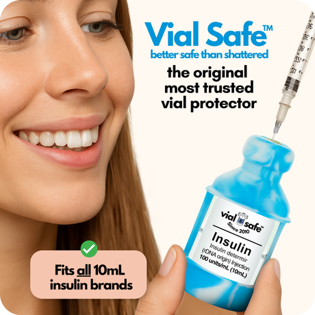 Tie dye blue color Vial Safe insulin vial protector with a woman holding it, labeled 'better safe than shattered'.  The original most trusted vial protector.
