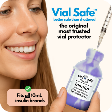 Tie Dye Purple color Vial Safe insulin vial protector with a woman holding it, labeled 'better safe than shattered'.  The original most trusted vial protector.