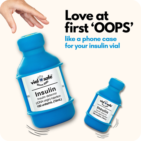 Light blue color Vial Safe insulin vial protector case with text "like a phone case for your insulin vial" on a white background.