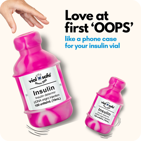 Tie Dye Pink color Vial Safe insulin vial protector case with text "like a phone case for your insulin vial" on a white background.