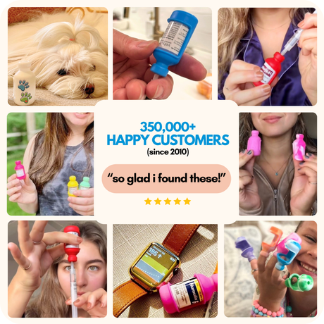 Collage of people using Vial Safe insulin vial  protector bottles and vials with colorful caps, featuring text about happy customers and product usage. 350,000+ happy customers since 2010.