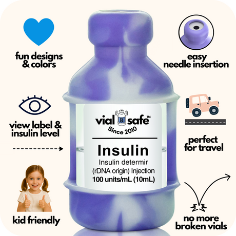 Tie Dye Purple color Vial Safe insulin vial protector with 'vial safe' label and Vial Safe selling features on white background.