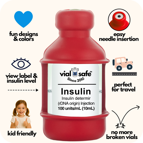 Red color Vial Safe insulin vial protector with 'vial safe' label and Vial Safe selling features on white background.