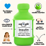Light Green style color Vial Safe insulin vial protector with 'vial safe' label and Vial Safe selling features on white background.