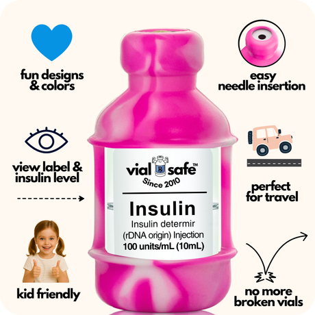 Tie Dye Pink color Vial Safe insulin vial protector with 'vial safe' label and Vial Safe selling features on white background.