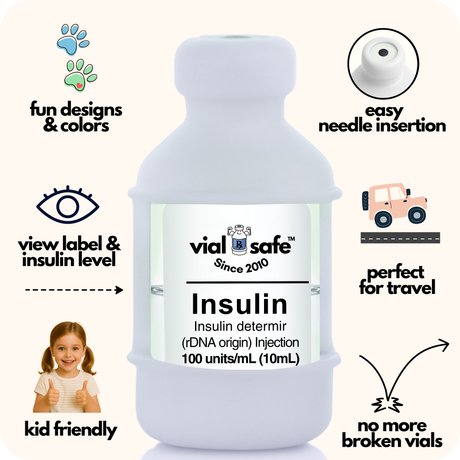 White color Vial Safe insulin vial protector with 'vial safe' label and Vial Safe selling features on white background.