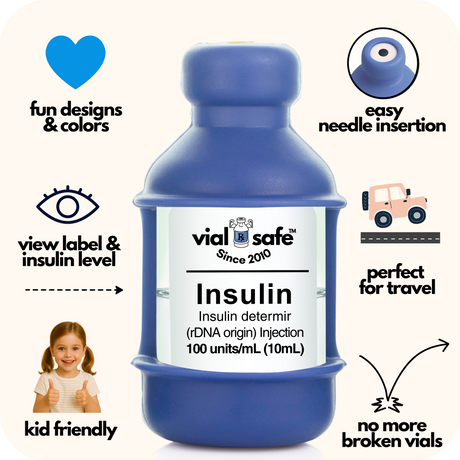 Navy blue color Vial Safe insulin vial protector with 'vial safe' label and Vial Safe selling features on white background.