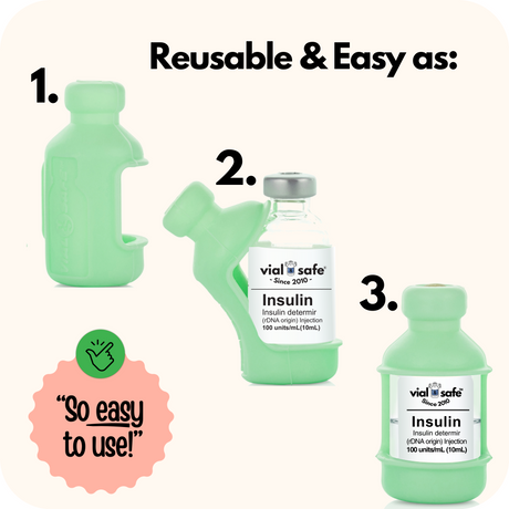 Three Mojito Green insulin vials with Vial Safe insulin vial protectors background, featuring the text 'Reusable & Easy as 1,2,3' and 'vial safe' branding.