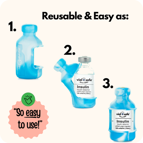 Three Tie Dye Blue insulin vials with Vial Safe insulin vial protectors background, featuring the text 'Reusable & Easy as 1,2,3' and 'vial safe' branding.