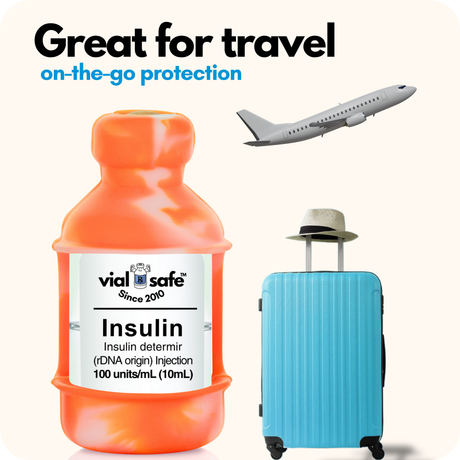 Tie Dye Orange color Vial Safe insulin vial protector, blue suitcase, and airplane with 'vial safe' branding on a white background.
