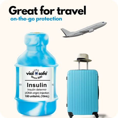 Tie Dye Blue color Vial Safe insulin vial protector, blue suitcase, and airplane with 'vial safe' branding on a white background.