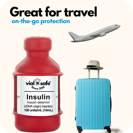 Red color Vial Safe insulin vial protector, Pink suitcase, and airplane with 'vial safe' branding on a white background.